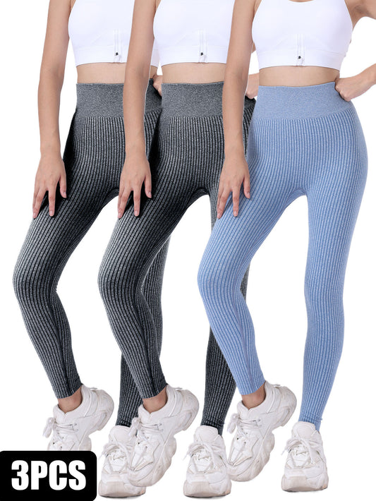 3 Pack Yoga Leggings Ribbed Seamless Workout High Waist  Over Athletic Exercise Leggings