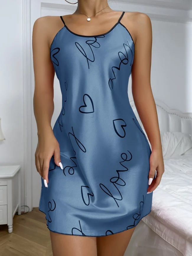 Heart Letter Print Nightdress Casual Round Neck Spaghetti Strap Sleep Dress - Image 13