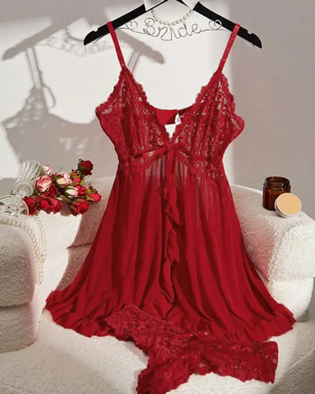Soft Sheer Nightgown Halter Dress Women Sleepwear With Thong Set - Image 12