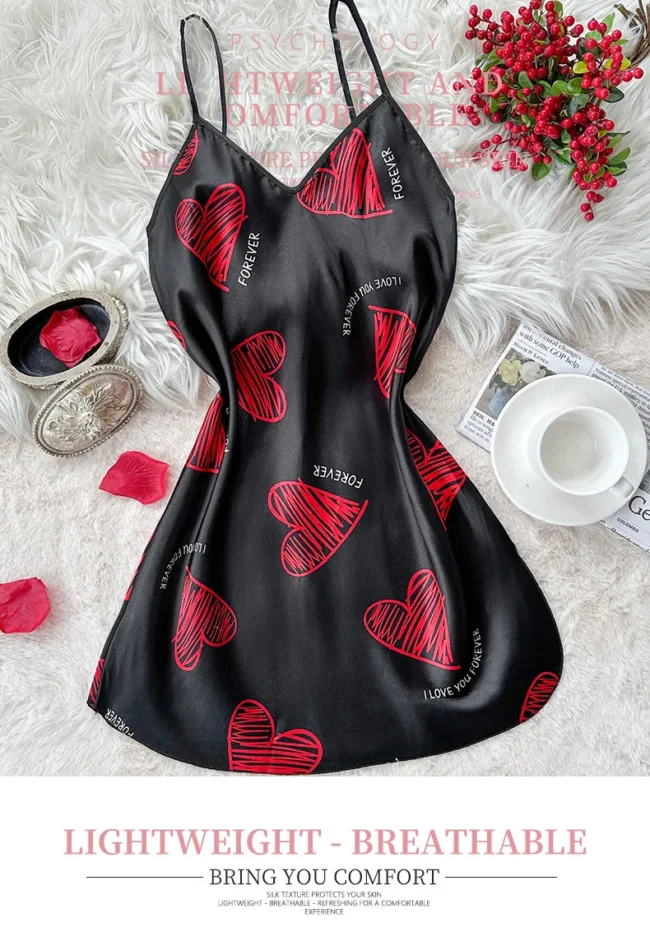 Valentine'S Day Red Lip Print Satin Slip Nightdress V Neck Backless Mini Sleep Dress Women'S Sleepwear Dresses - Image 7