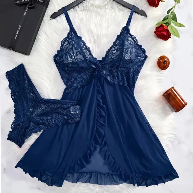 Nightgown Elegant Sleep Dress V-Neck Bra Transparent With Panties Set - Image 9