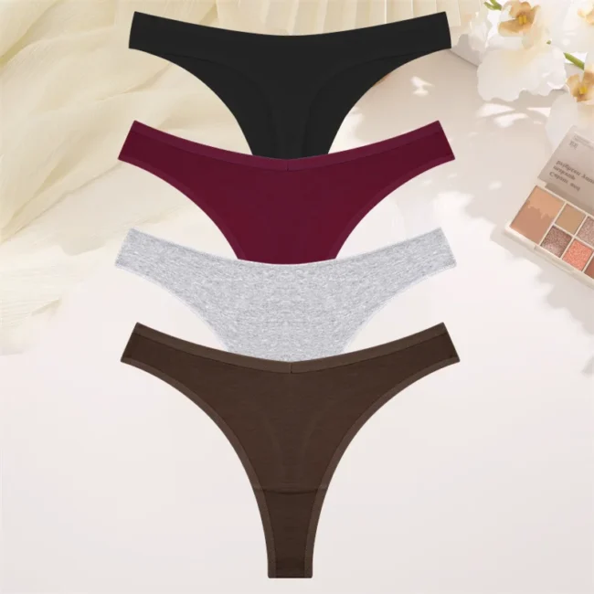 4Pcs Women Cotton Thong Low Waist Panties Striped Underwear - Image 15