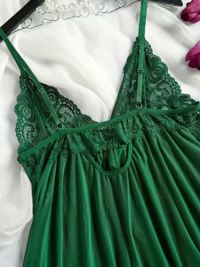 Soft Sheer Nightgown Halter Dress Women Sleepwear With Thong Set - Image 10