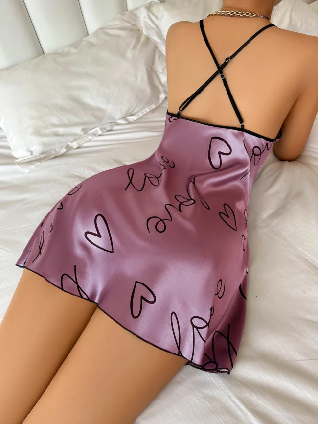 Heart Letter Print Nightdress Casual Round Neck Spaghetti Strap Sleep Dress - Image 6