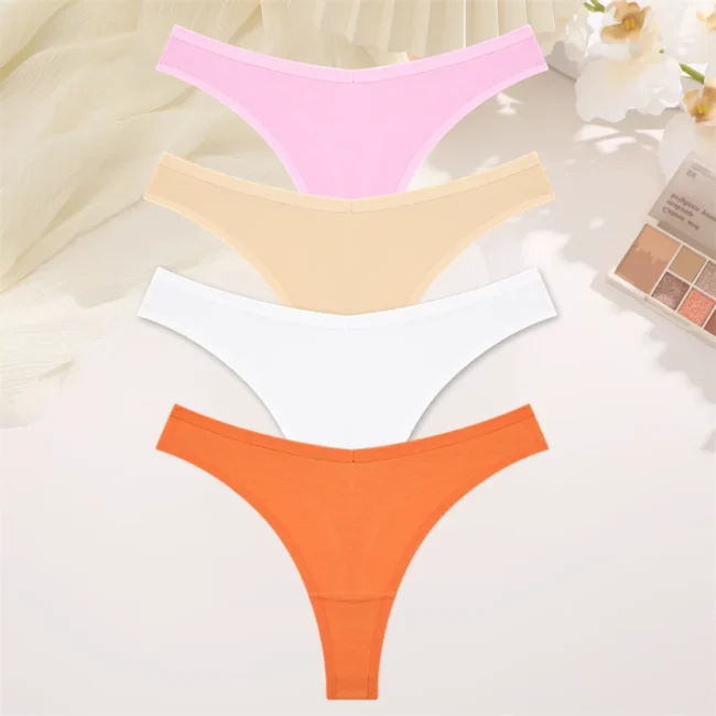 4Pcs Women Cotton Thong Low Waist Panties Striped Underwear - Image 17