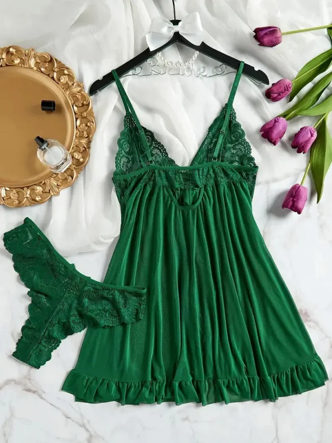 Soft Sheer Nightgown Halter Dress Women Sleepwear With Thong Set - Image 11