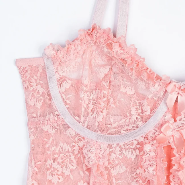 Lingerie Set Women Pink Lace Cute Sheer Underwear Bra &Amp; Thong - Image 13