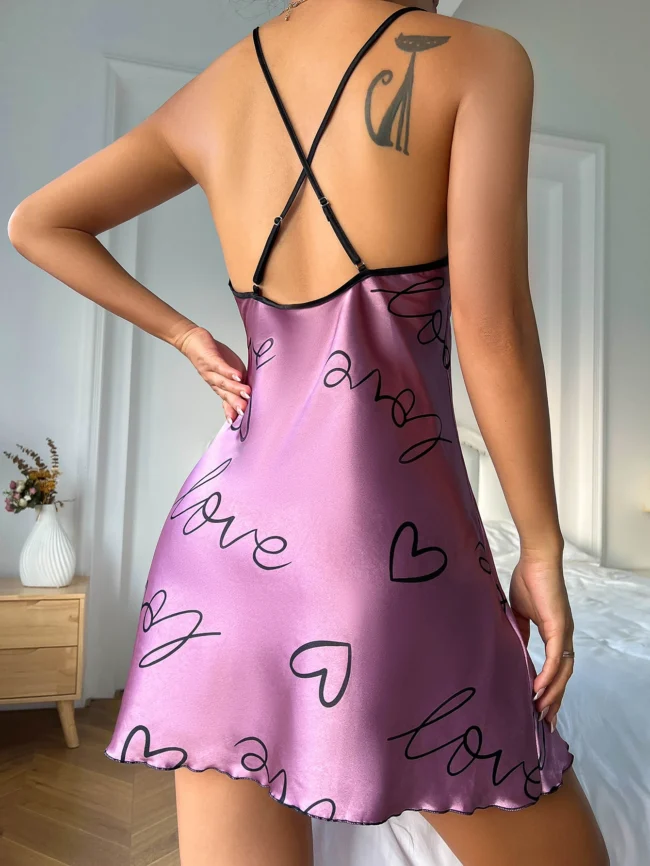 Heart Letter Print Nightdress Casual Round Neck Spaghetti Strap Sleep Dress - Image 33