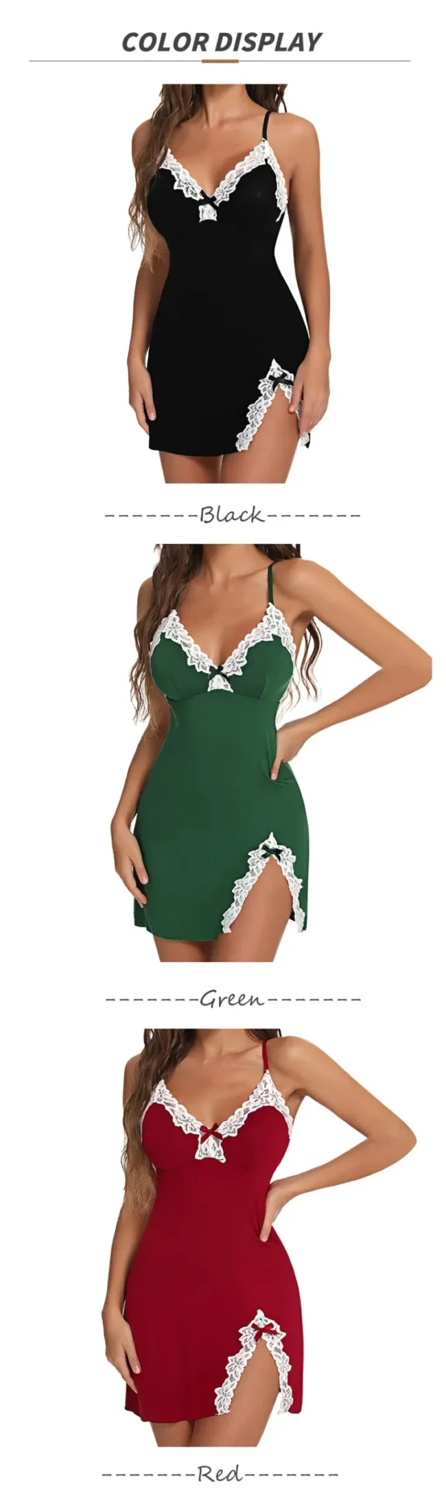 Sleepwear Lace Silk Satin V-Neck Nightgown Split Hem Soft Lingerie - Image 12