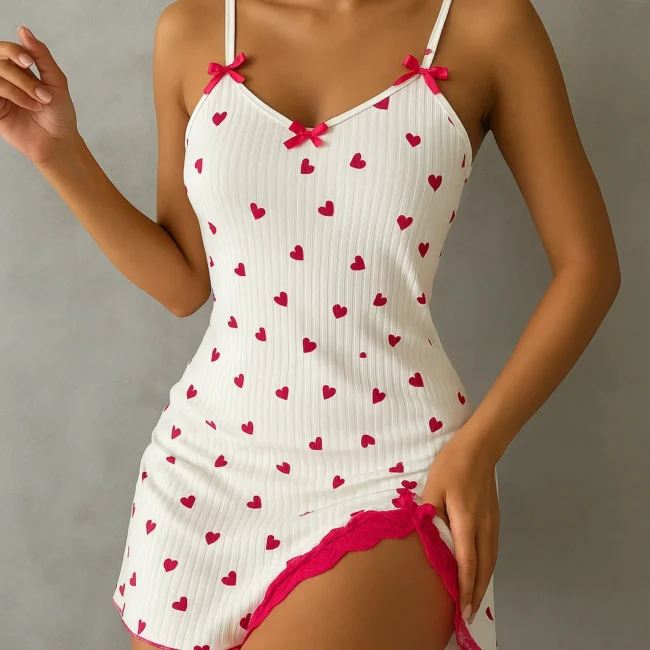 Heart Print Lace Trim Nightgown Sleeveless Camisole Sleep Dress Soft - Image 6