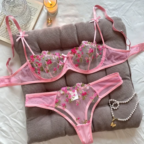 Night Beautiful Women 2 Piece Floral Embroidery Lingerie Set