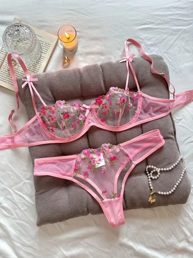 Night Beautiful Women 2 Piece Floral Embroidery Lingerie Set