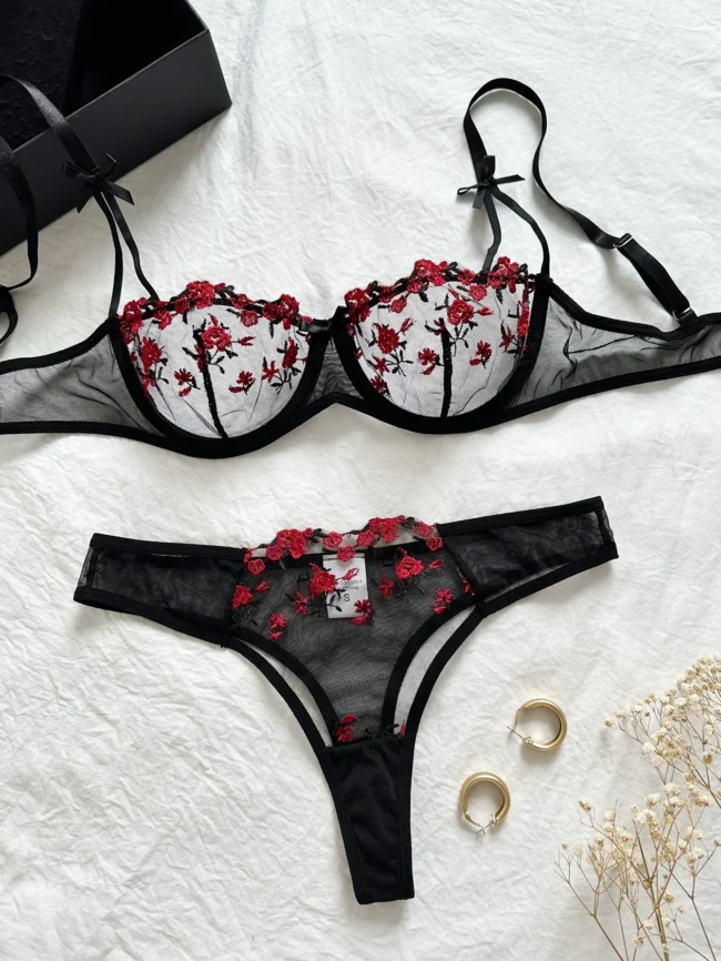 Night Beautiful Women 2 Piece Floral Embroidery Lingerie Set - Image 3