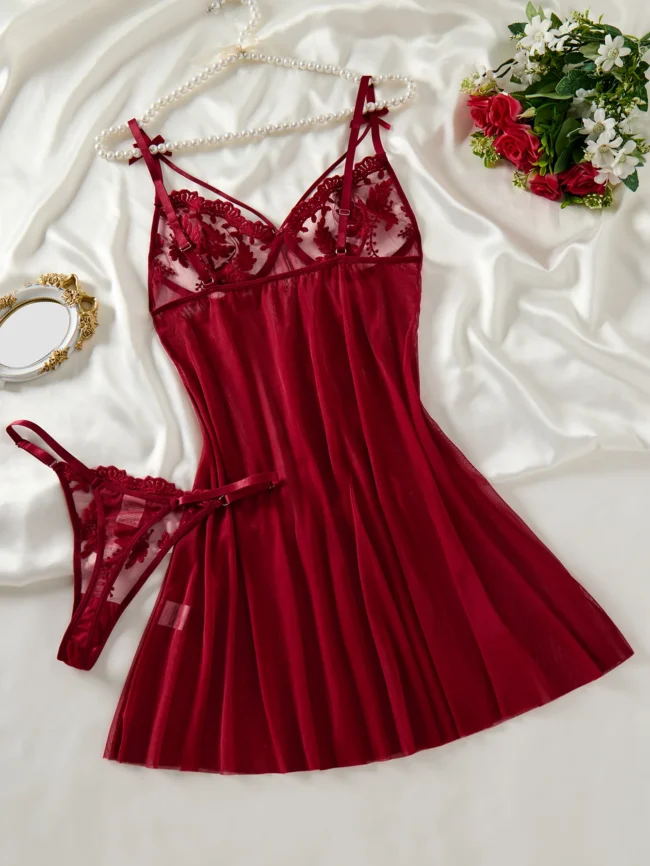 Ladies' Wine Red Countryside Style Semi Transparent Nightgown - Image 2