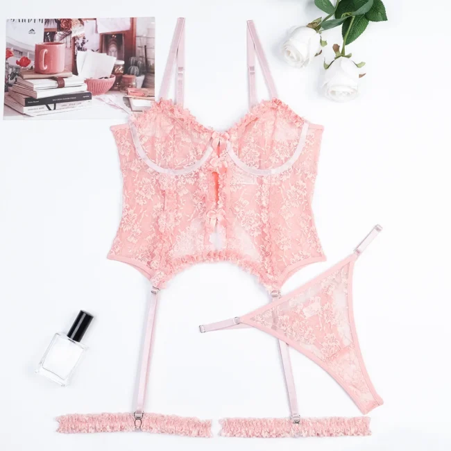 Lingerie Set Women Pink Lace Cute Sheer Underwear Bra &Amp; Thong - Image 8