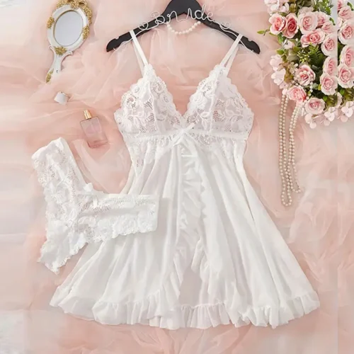 Women's Deep V Neck Low Cut Backless Mesh Lingerie Nightdress