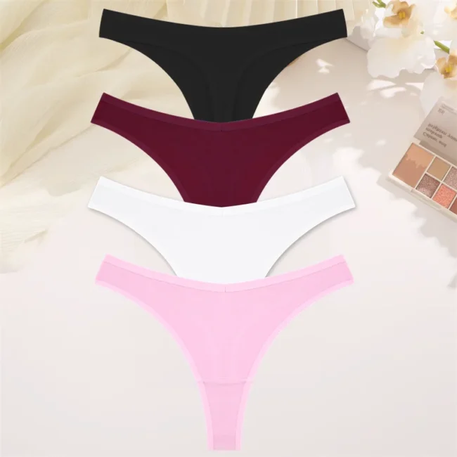 4Pcs Women Cotton Thong Low Waist Panties Striped Underwear - Image 11
