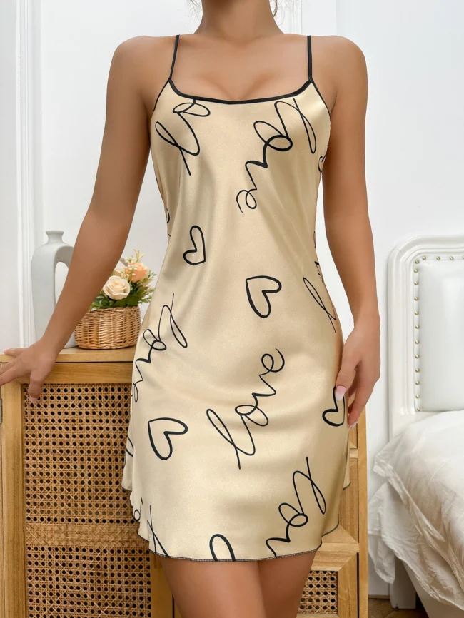 Heart Letter Print Nightdress Casual Round Neck Spaghetti Strap Sleep Dress - Image 23