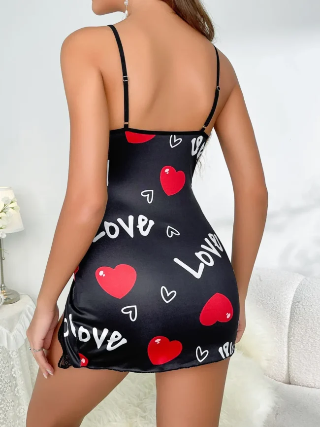 Women Sleepwear Nightgown Lingerie Love Printed Halter Backless Mini Dress - Image 3