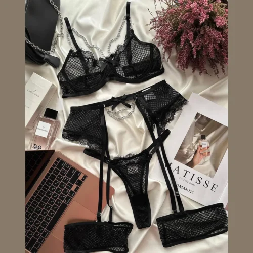 Lingerie Underwear Bra Set Lace Garter Underwire Bra and Thong Panty