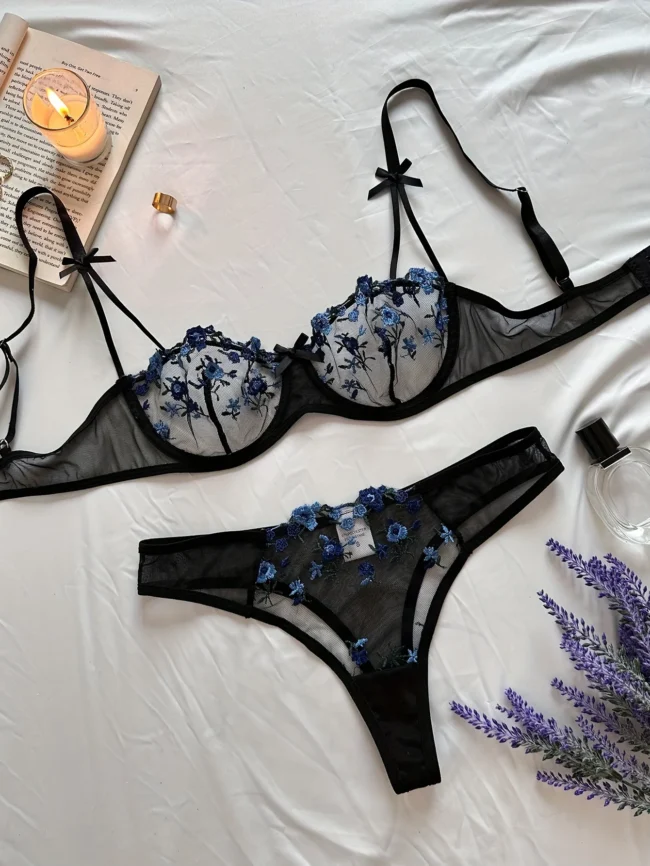 Night Beautiful Women 2 Piece Floral Embroidery Lingerie Set - Image 4