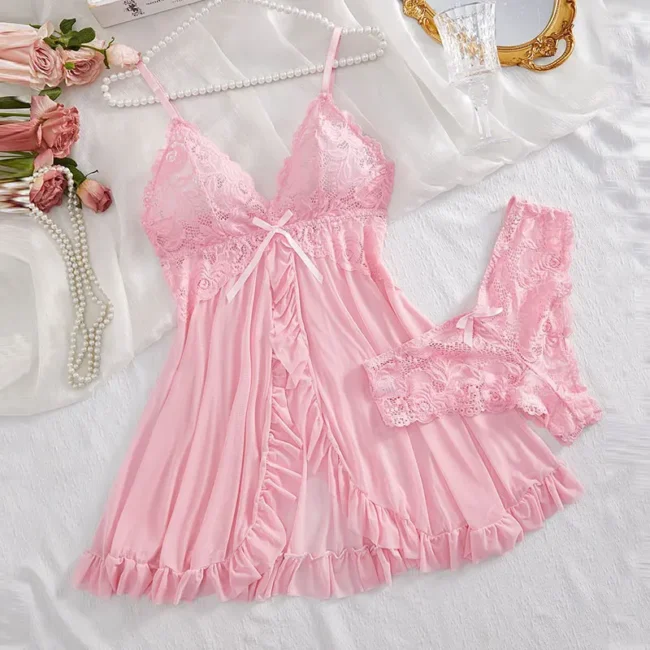 Soft Sheer Nightgown Halter Dress Women Sleepwear With Thong Set - Image 6