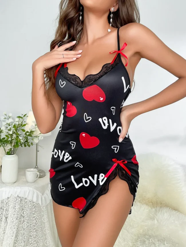 Women Sleepwear Nightgown Lingerie Love Printed Halter Backless Mini Dress - Image 5