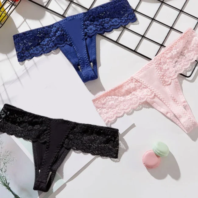 Women Thong Elastic Cotton Low Waist Lace Seamless Underwear Solid Color - Image 6