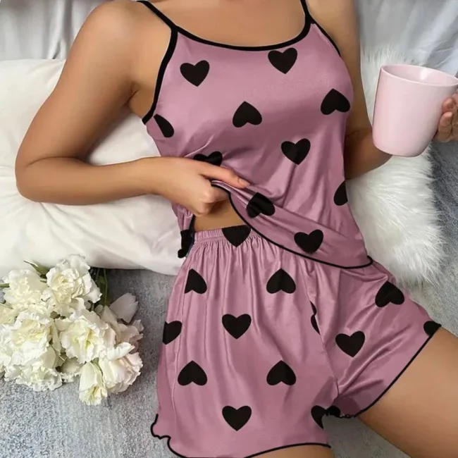 Women'S Pajama Set Shorts Pink Heart-Shaped Ice Silk Top Comfortable Casual - Image 12
