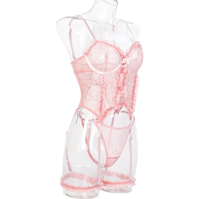 Lingerie Set Women Pink Lace Cute Sheer Underwear Bra &Amp; Thong - Image 11