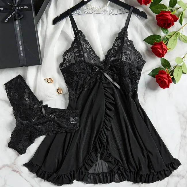 Nightgown Elegant Sleep Dress V-Neck Bra Transparent With Panties Set - Image 21
