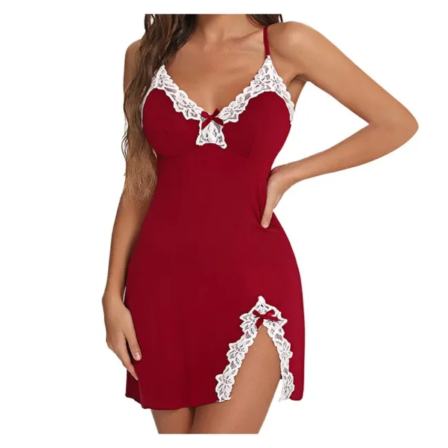Sleepwear Lace Silk Satin V-Neck Nightgown Split Hem Soft Lingerie - Image 8