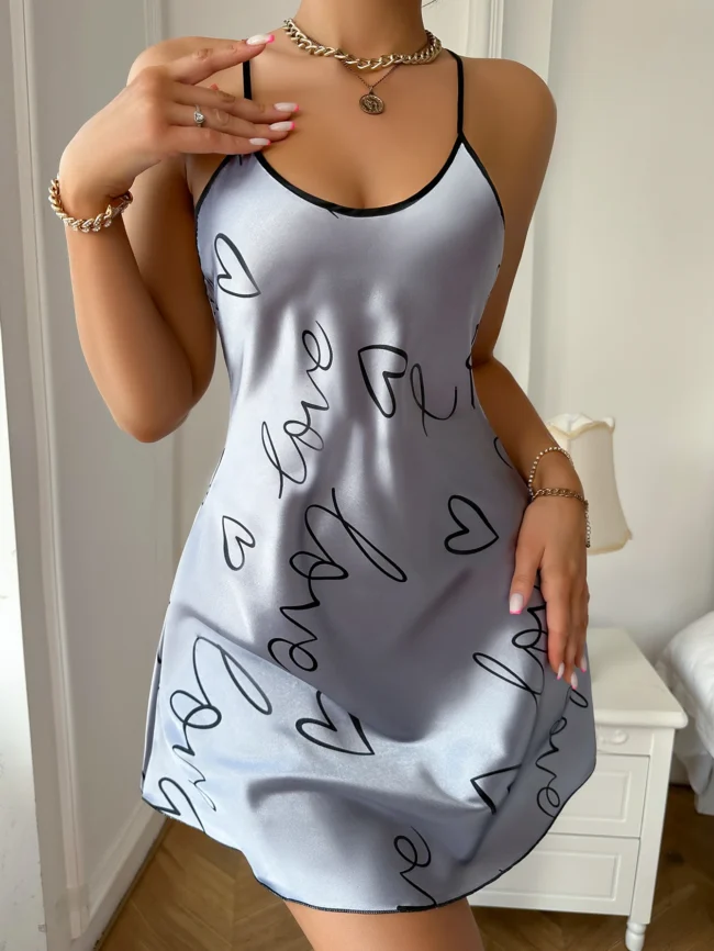 Heart Letter Print Nightdress Casual Round Neck Spaghetti Strap Sleep Dress - Image 7