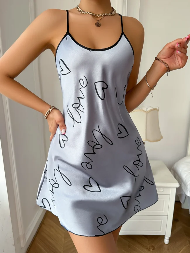 Heart Letter Print Nightdress Casual Round Neck Spaghetti Strap Sleep Dress - Image 9