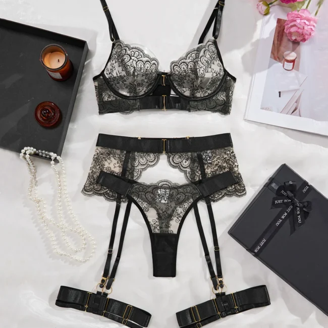 See-Through Embroidered Women Lingerie Body Shaping Four-Piece Set - Image 6