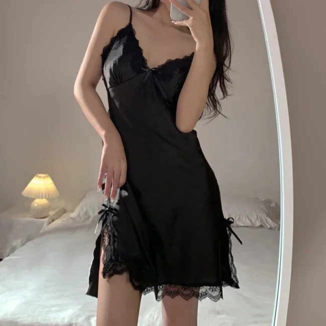 Lace V Neck Women Satin Sleepwear Sleeveless Night Gown - Image 3