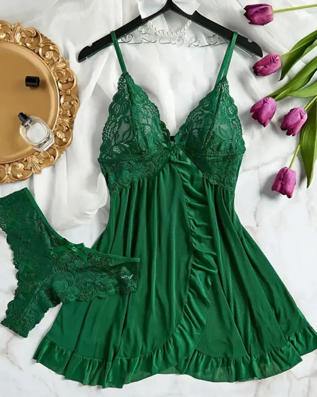 Soft Sheer Nightgown Halter Dress Women Sleepwear With Thong Set - Image 9