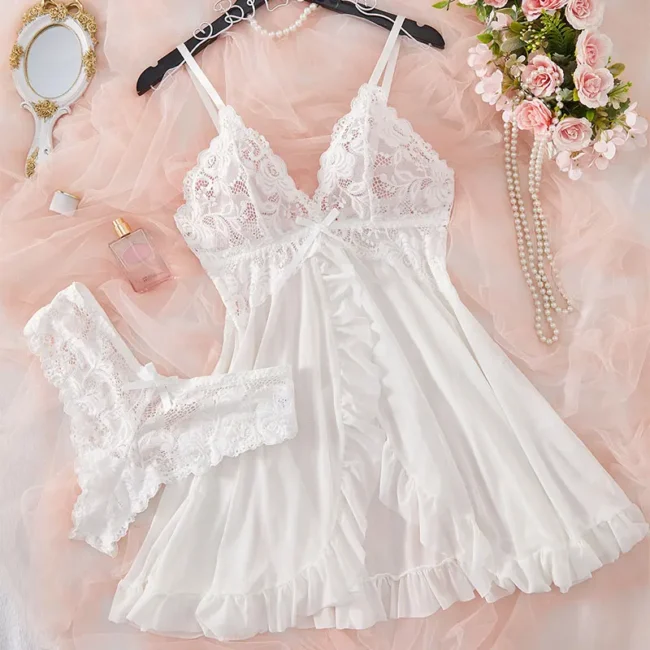 Nightgown Elegant Sleep Dress V-Neck Bra Transparent With Panties Set - Image 3