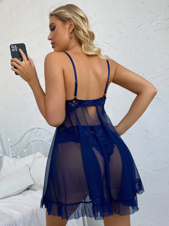 Contrast Lace Nightgown Deep V Backless Bow Slip Dress - Image 30