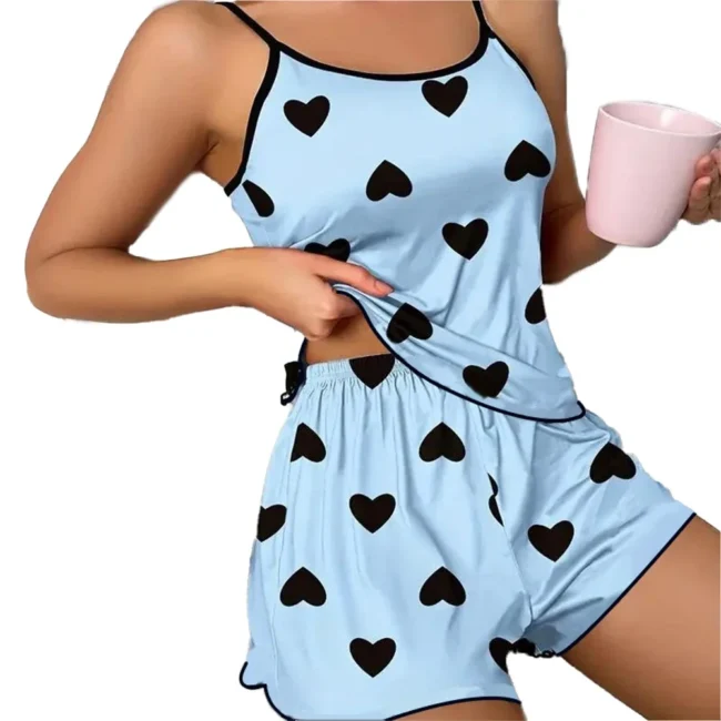Women'S Pajama Set Shorts Pink Heart-Shaped Ice Silk Top Comfortable Casual - Image 5