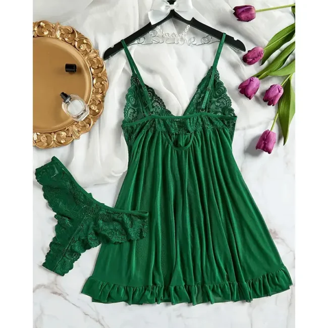 Soft Sheer Nightgown Halter Dress Women Sleepwear With Thong Set - Image 2