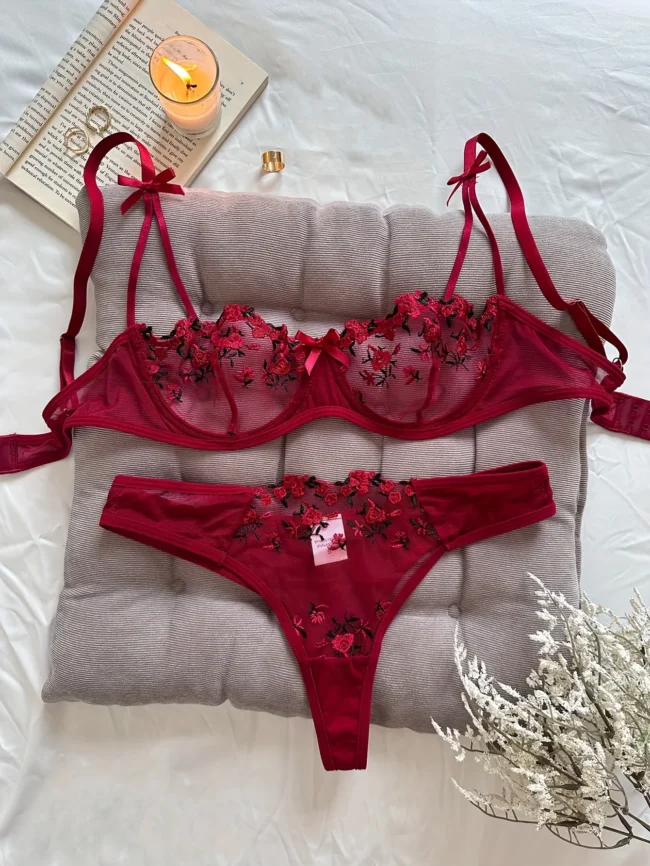 Night Beautiful Women 2 Piece Floral Embroidery Lingerie Set - Image 5