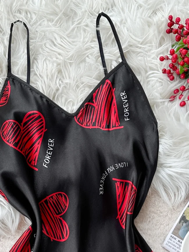 Valentine'S Day Red Lip Print Satin Slip Nightdress V Neck Backless Mini Sleep Dress Women'S Sleepwear Dresses - Image 5