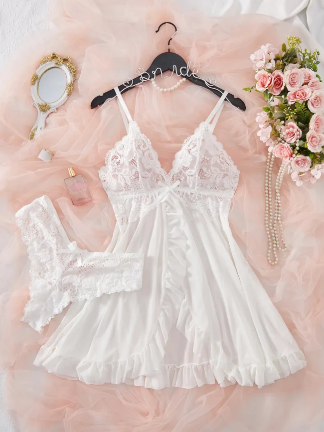 Lingerie Set Women Bra Nightdress Lace Sleepwear Solid Slim Soft Dresses V Neck Full Slip Sleepwear - Image 6
