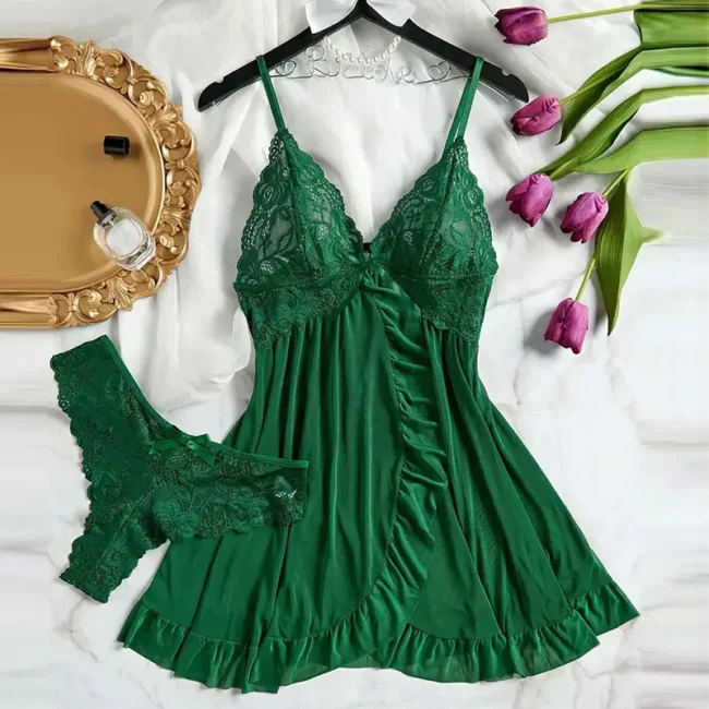 Nightgown Elegant Sleep Dress V-Neck Bra Transparent With Panties Set - Image 2