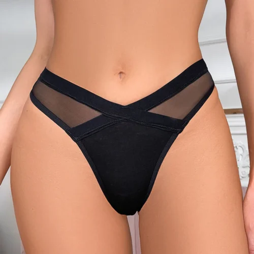 Women Thong High Cut Underwear Low Waist Transparent Waist Cotton Crotch