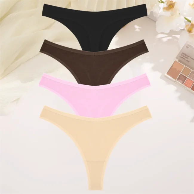 4Pcs Women Cotton Thong Low Waist Panties Striped Underwear - Image 13