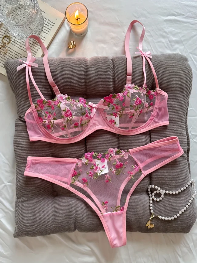 Night Beautiful Women 2 Piece Floral Embroidery Lingerie Set - Image 8
