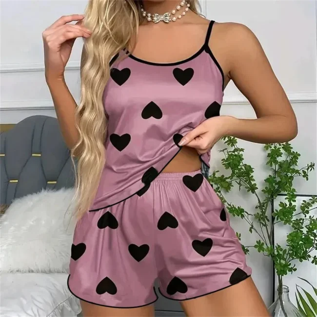 Women'S Pajama Set Shorts Pink Heart-Shaped Ice Silk Top Comfortable Casual - Image 16