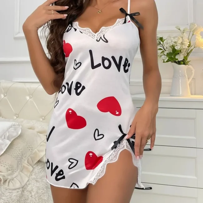 Women Sleepwear Nightgown Lingerie Love Printed Halter Backless Mini Dress - Image 9